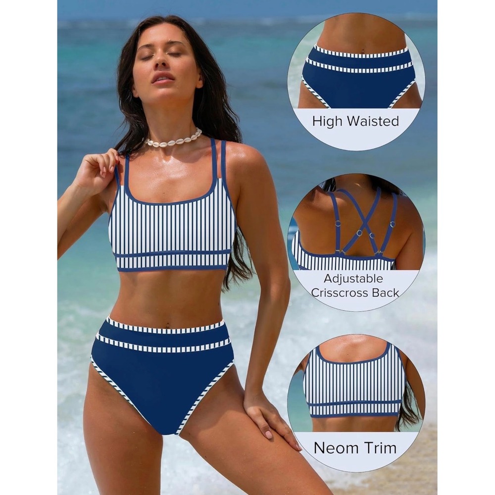 NWT Popvil High Waisted Bikini Set Blue Stripe Crisscross Sporty Bikini Small - Picture 4 of 7